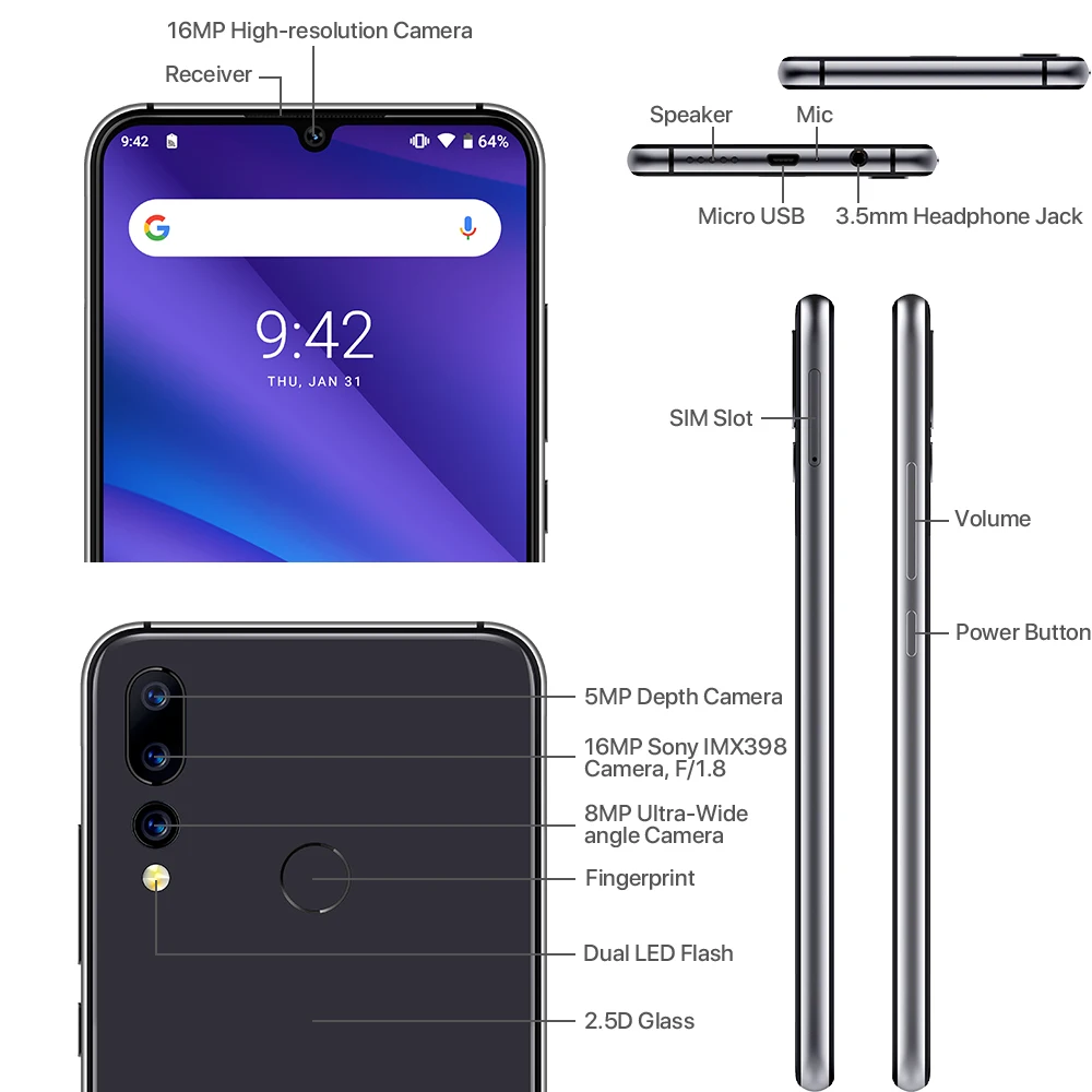 Мобильный телефон UMIDIGI A5 PRO Android 9 0 16 МП тройная камера четыре ядра 6 3 дюйма FHD +