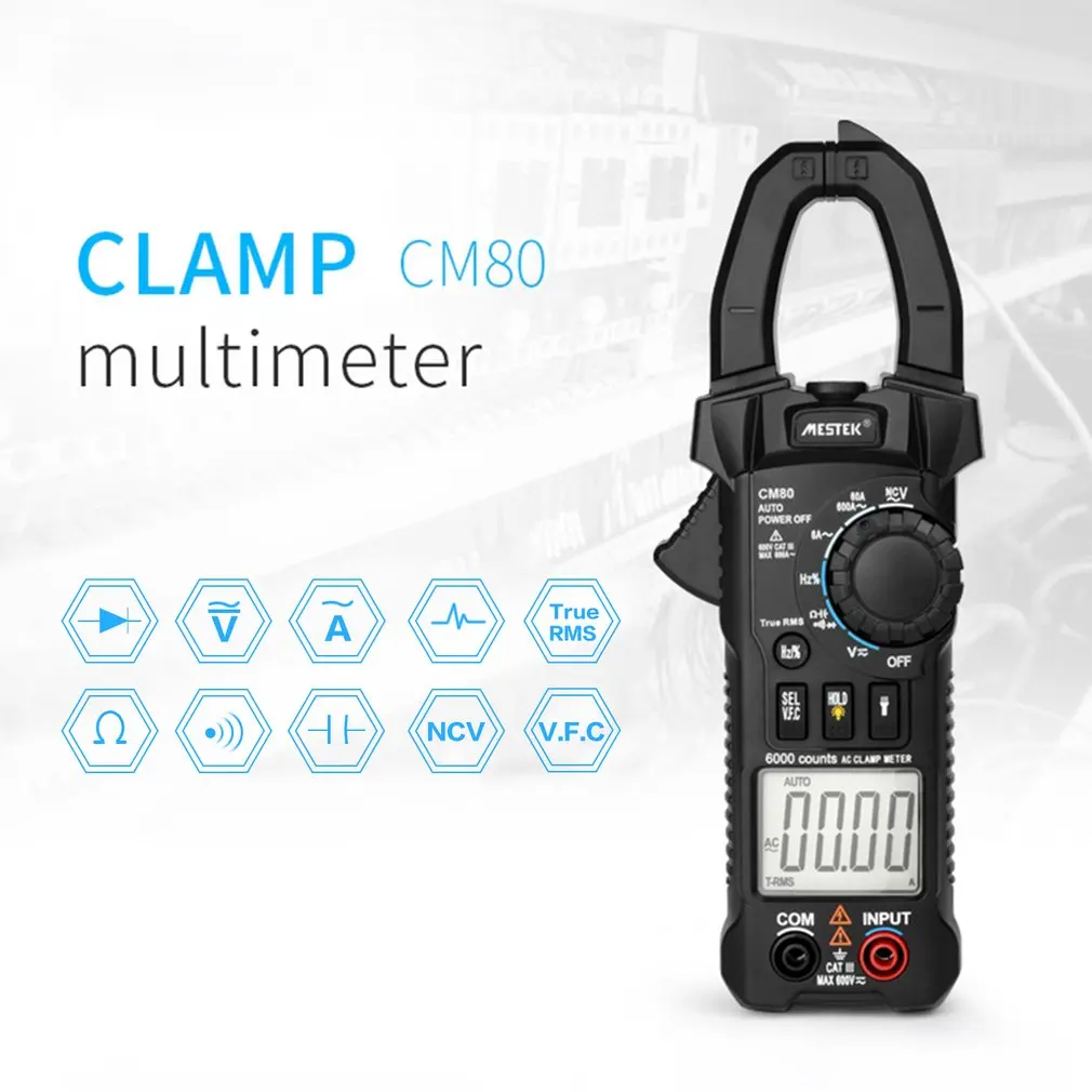 MESTEK CM80 цифровой клещи истинный RMS мультиметр 5999 отсчетов AC/DC Вольт Ампер Ом