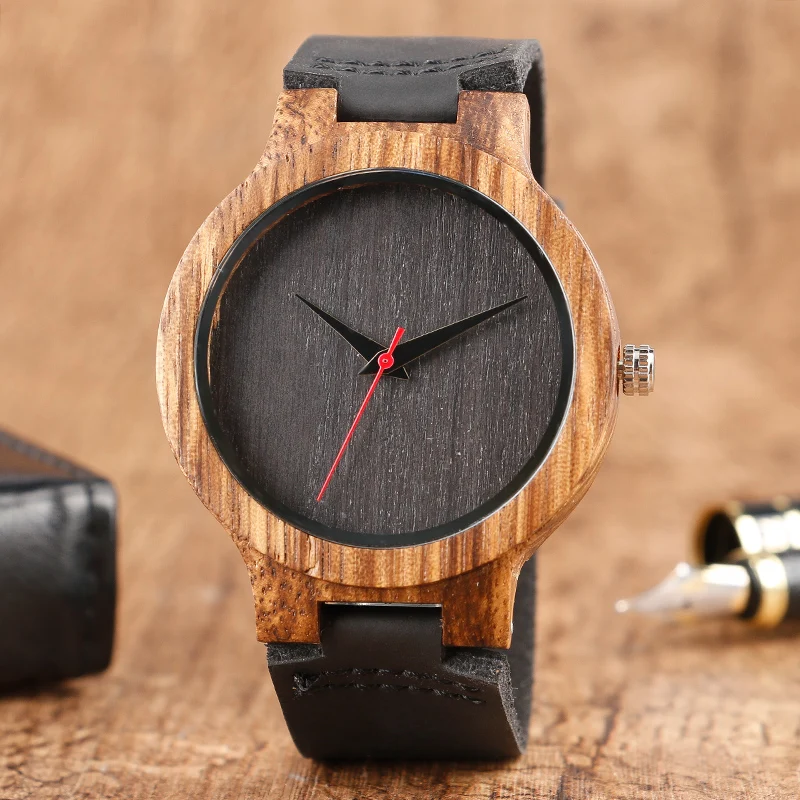 

Top Gift Item Wooden Watch Original Bamboo Wooden Watch Black Genuine Leather Men's Watches Male Casuap Sports Analog Clock