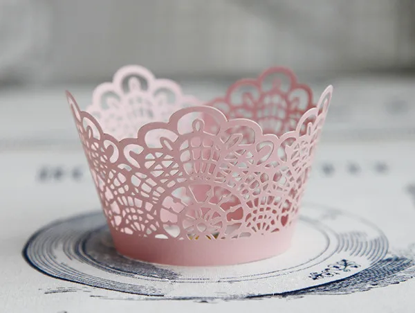 

Free Shipping pink cut hollow lace wedding cupcake wrappers filigree color paper mini cupcakes cup cake baking cups wrapper
