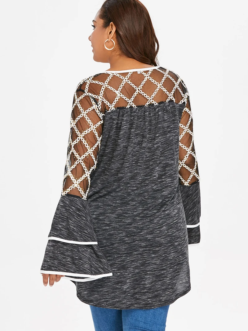 PlusMiss плюс размеры пикантные сетчатые рюшами Топы с рукавом бабочка для женщин XXXXL