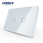 Производитель, LIVOLO настенный выключатель, 110  250 В, слоновая кость, серо-синий Стекло Панель, 2-банды, нам сенсорный светильник переключатель VL-C302-81 с Светодиодный индикатор