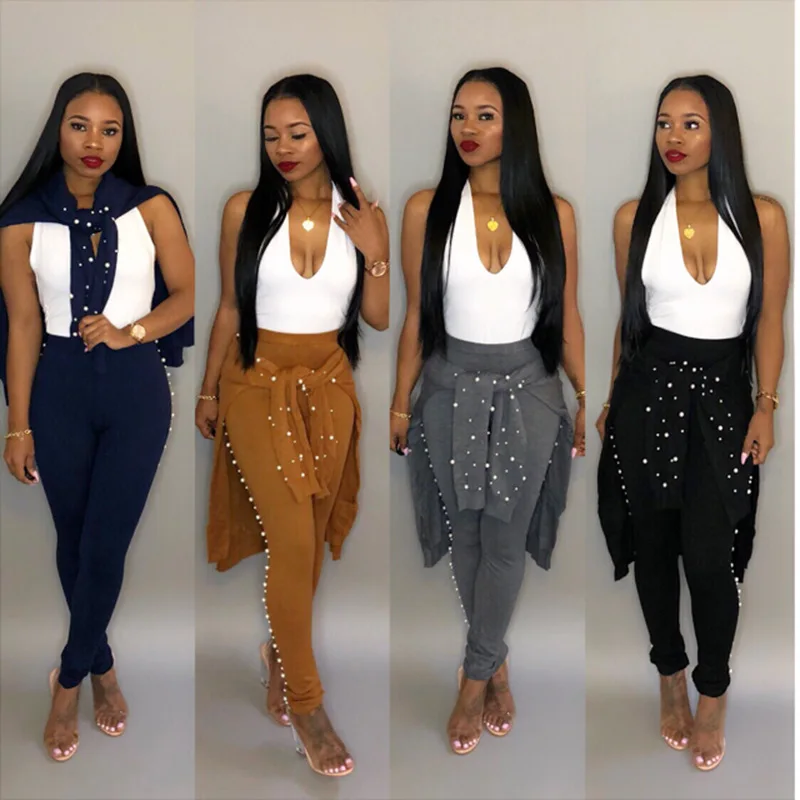 

New Design High Fashion Bead Women Top With Pants Autumn Women Suits Casual Women Set