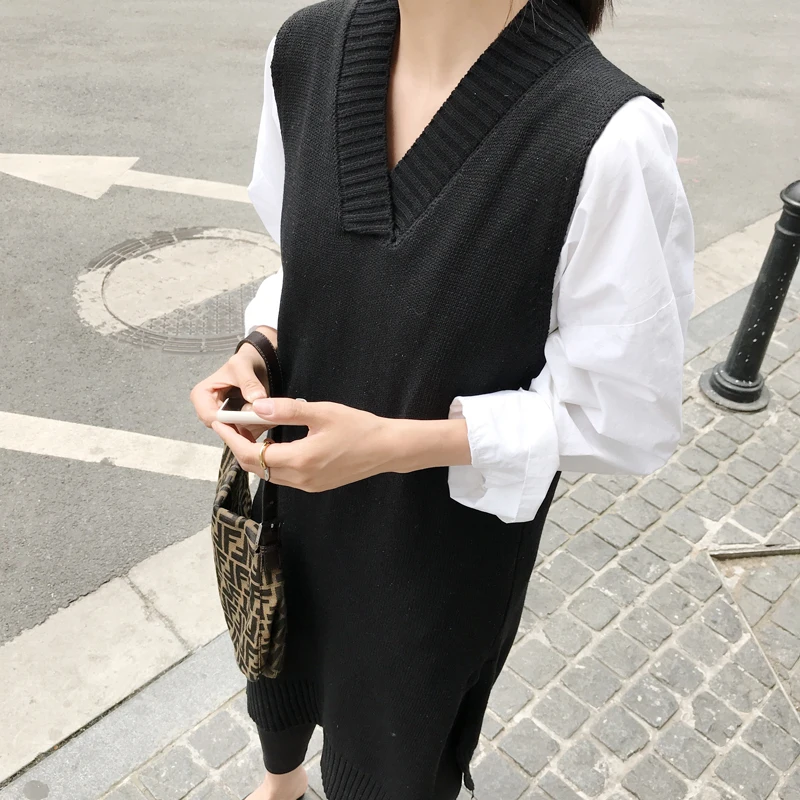 Осень 2019 новинка Женский Длинный жилет платье свитер трикотажное v образный