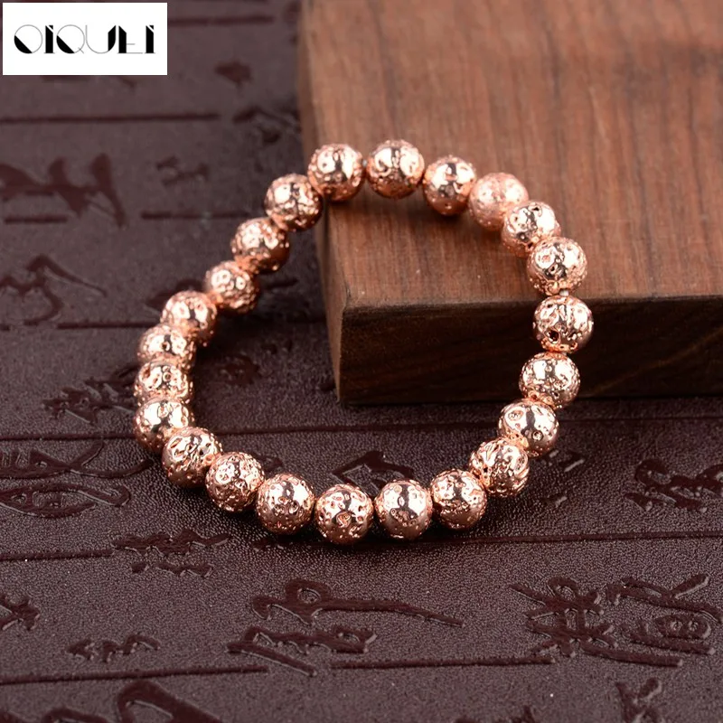 

Rose Gold Color Volcanic Lava Stone Essential Oil Diffuser Bracelets For Women Bangle Healing Balance Energy Yoga Bracelet Men