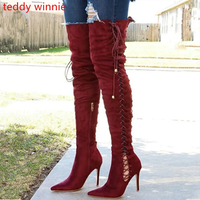 Тедди Винни замши корсет на шнуровке с острым носом стилет более колено сапоги