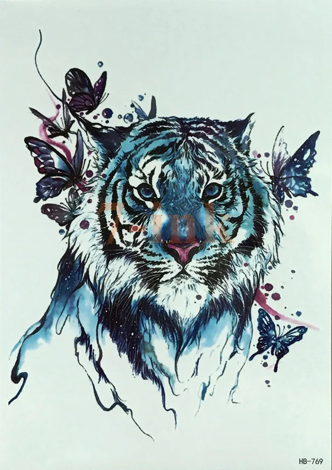 

Waterproof Temporary Tattoo large size watercolor tiger butterfly water Transfer Fake Tattoo Flash tatto for women men