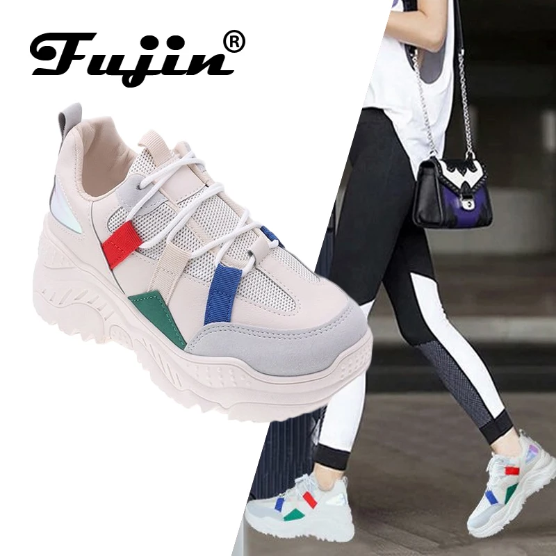 Женские кроссовки на танкетке Fujin белые из сетчатого материала платформе каждый