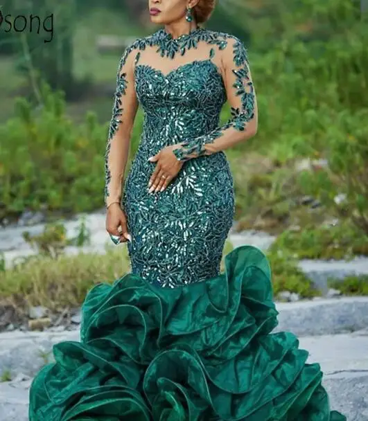 Зеленый Hunter Green Mermaid Prom Dresses Long Sleeves Sequins Lace African Women Formal Dress Evening Gown Ruffles Tiered Train - Цвет: Зеленый
