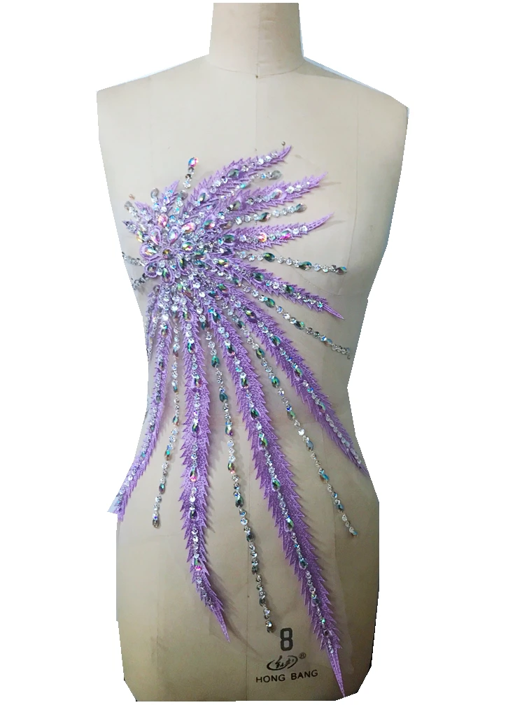 

Light purple /red/light green/pink lace applique handsewing rhinestones sequins beads patches trim 57*32cm accessory