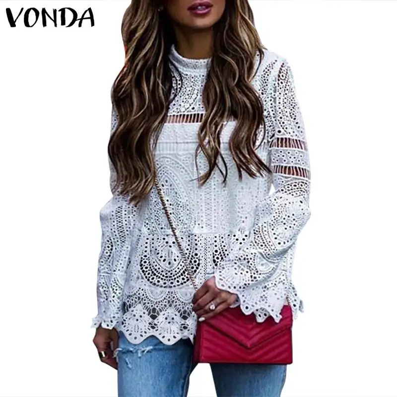 VONDA, женская сексуальная блуза с полым верхом,, повседневная, с длинным рукавом, с неровным подолом, для вечеринки, Blusas, пляжные топы, женская рубашка размера плюс, одежда