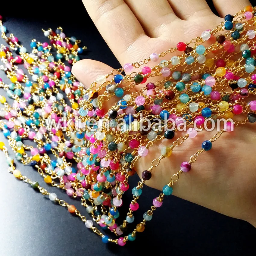 

WT-RBC022 WKT Handmake wire wrapped brass gold trim beads chain, multi color gold trim beads rosary chain