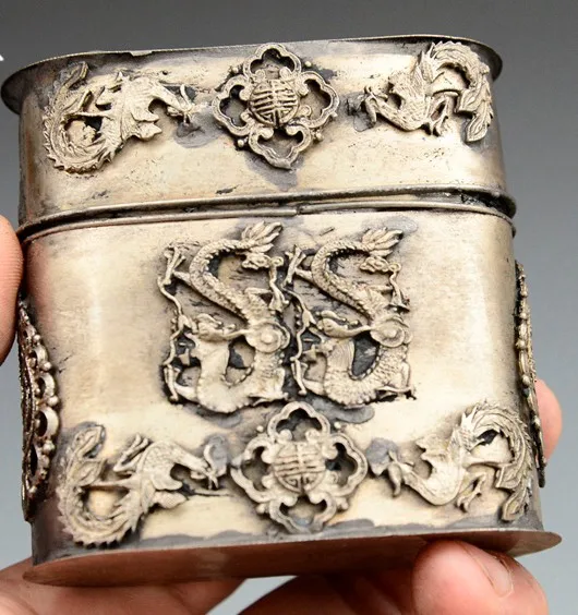 Изысканная старинная Серебряная фотошкатулка коробка для зубочисток цилиндр из