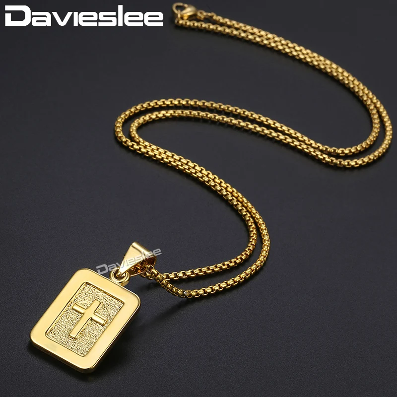 Davieslee Для мужчин s крест кулон ожерелья Dog Tag Кристиан резные религиозных золотые