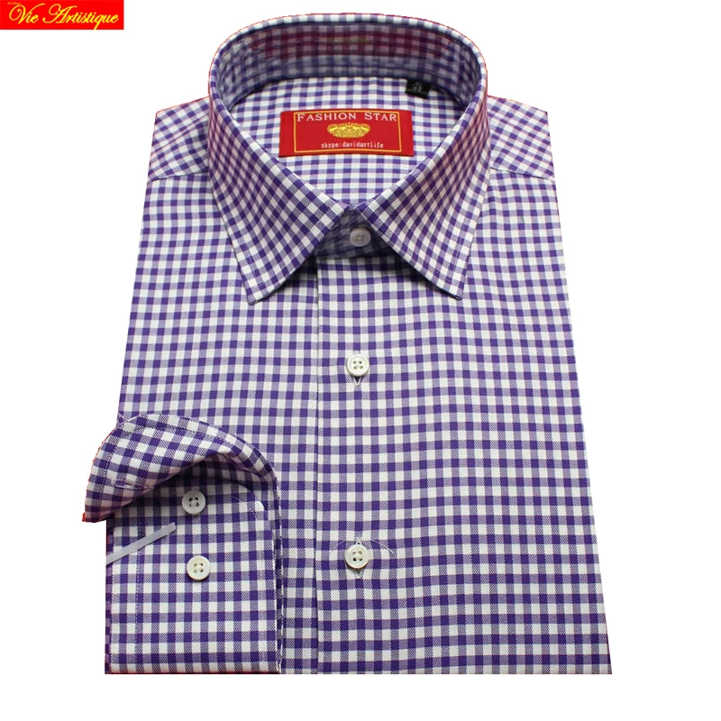 

male plaid shirt men's casual cotton dress shirts with long sleeves slim fit tailored high quality plus big size purple checked