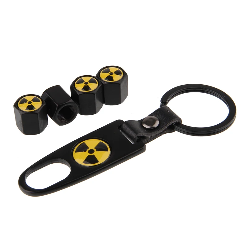 

HAUSNN Nuclear Logo Black/Silver Car Tyre Valve Caps Tire Air Dust Stem Covers With Keychain For VW Benz Suzuki Mazda Ford