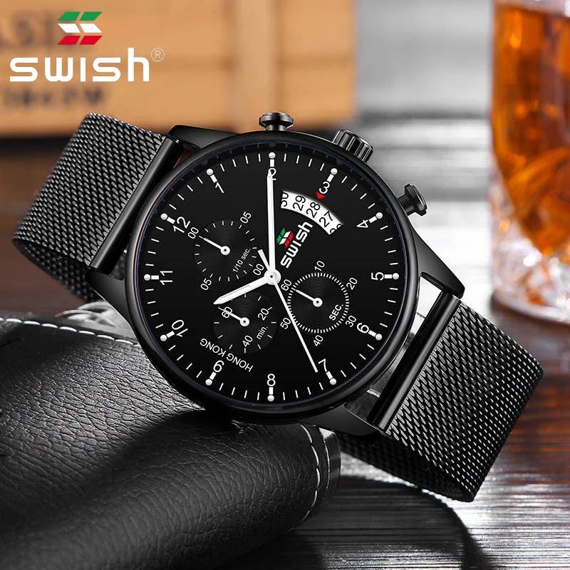 SWISH, кварцевые часы от ведущего бренда, мужские спортивные водонепроницаемые наручные часы с календарем, мужские часы из нержавеющей стали, 3 цвета