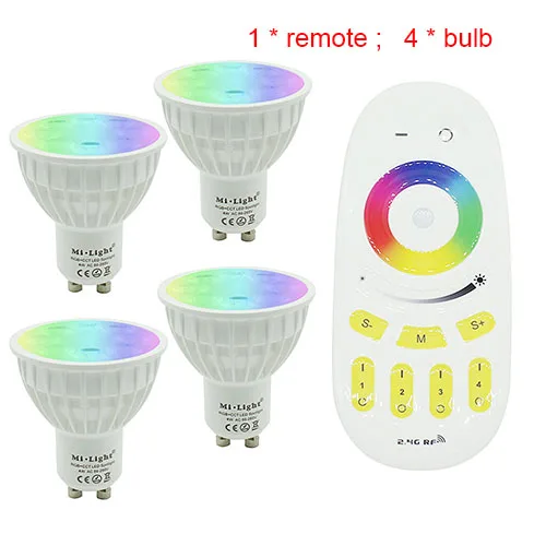 Tanbaby Mi. Светильник 2,4G беспроводной смарт GU10 Светодиодный светильник RGB+ CCT изменение цвета затемняемый Точечный светильник 4 Вт AC 85-265 в wifi Пульт дистанционного управления - Испускаемый цвет: 1 bulb 4 controller