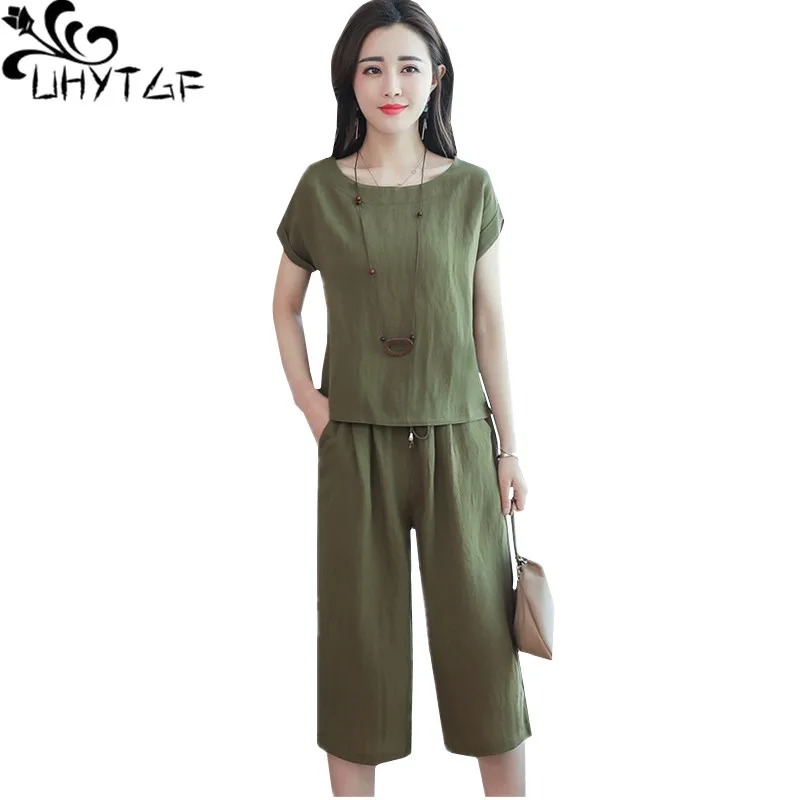 

UHYTGF Summer Clothes For Women Loose Pullover Tops And Wide-Leg Pants Casual Two Piece Sets 4XL Big Size Sporty Set Female 272
