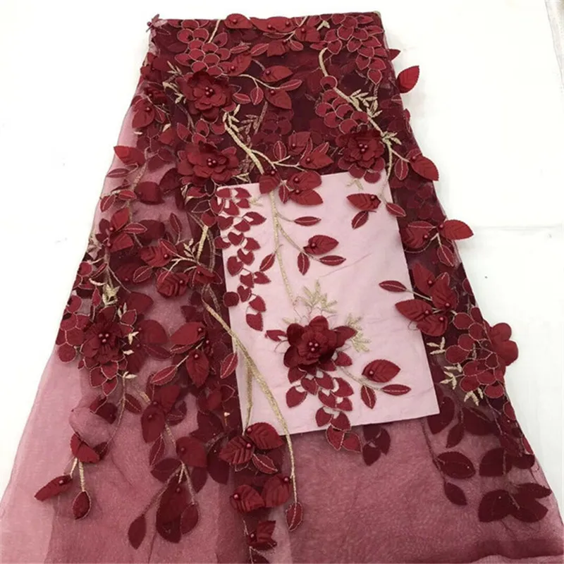 5 ярдов Высокое качество с перьями вышитая сетка тюль Бусины кружева вино