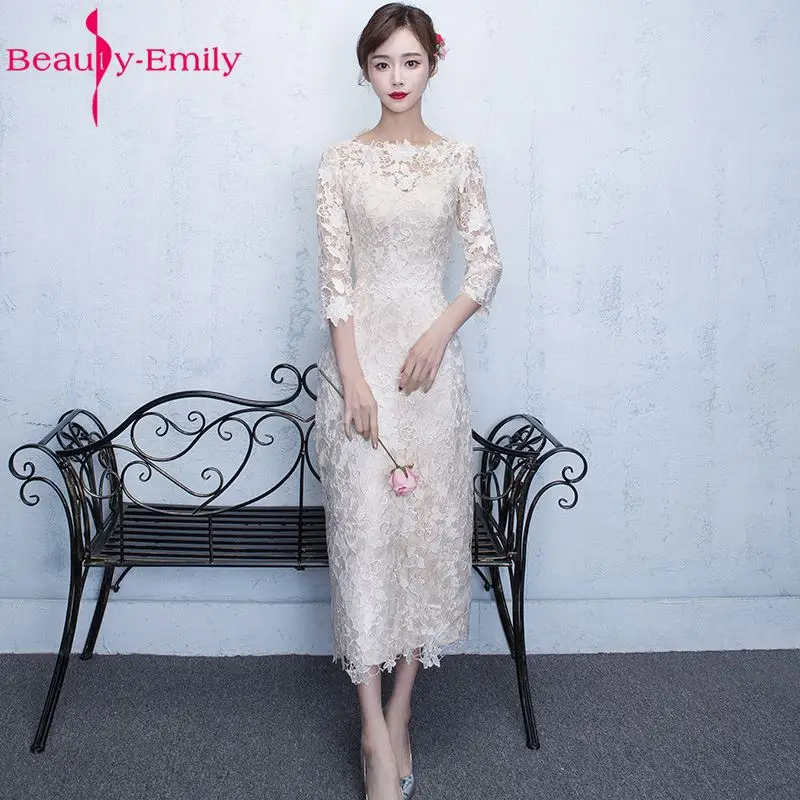 Beauty-Emily белый чай Длина Кружева Вечерние платья 2019 o-образным вырезом три четверти