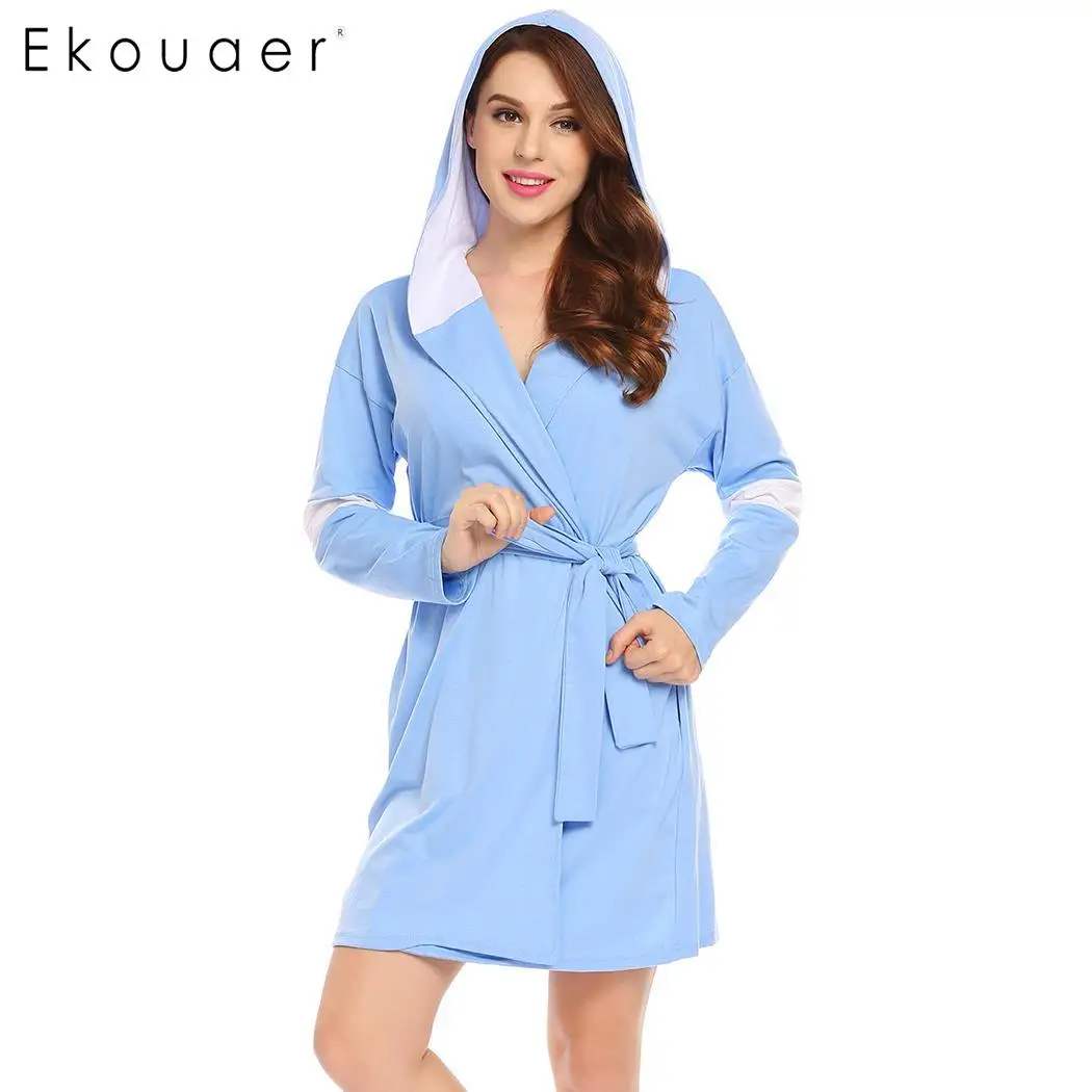 Женский банный халат Ekouaer с капюшоном и длинным рукавом поясом для ванной
