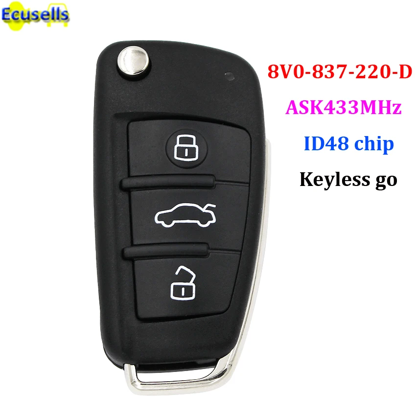 Keyless-go Складной флип Смарт удаленный ключевой ASK433MHz 3 кнопки ID48 чип для Audi A3 Костюм