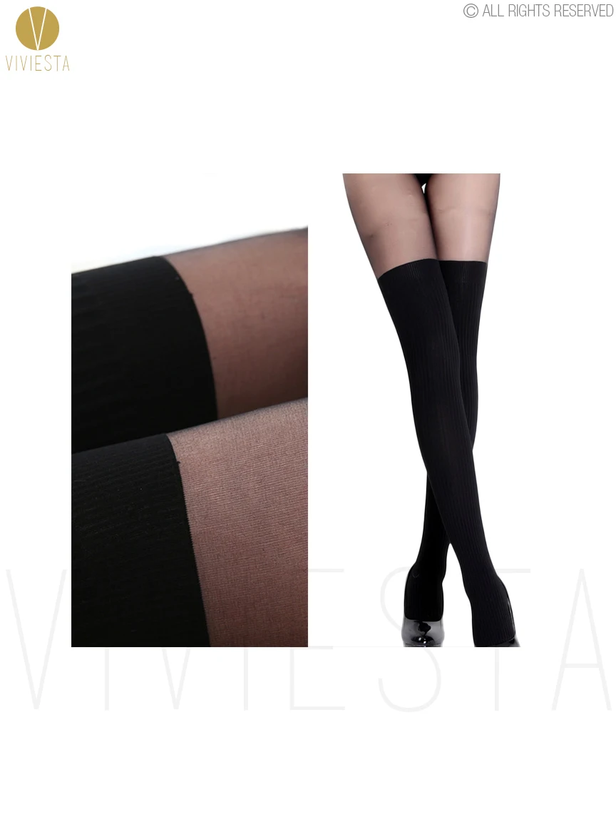 МОК над коленом Ribbed Tights-120d + 30d Для женщин сжатия Винтаж Sexy полосой поддельные