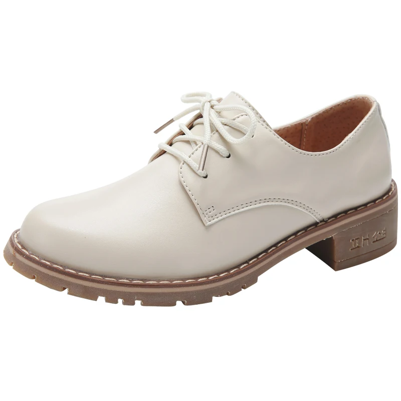 Beige 2828 OUKAHUI/женские туфли-оксфорды в британском стиле; женские туфли из натуральной кожи на среднем квадратном каблуке со шнуровкой; модная повседневная женская обувь на плоской подошве - Цвет: Beige 2828