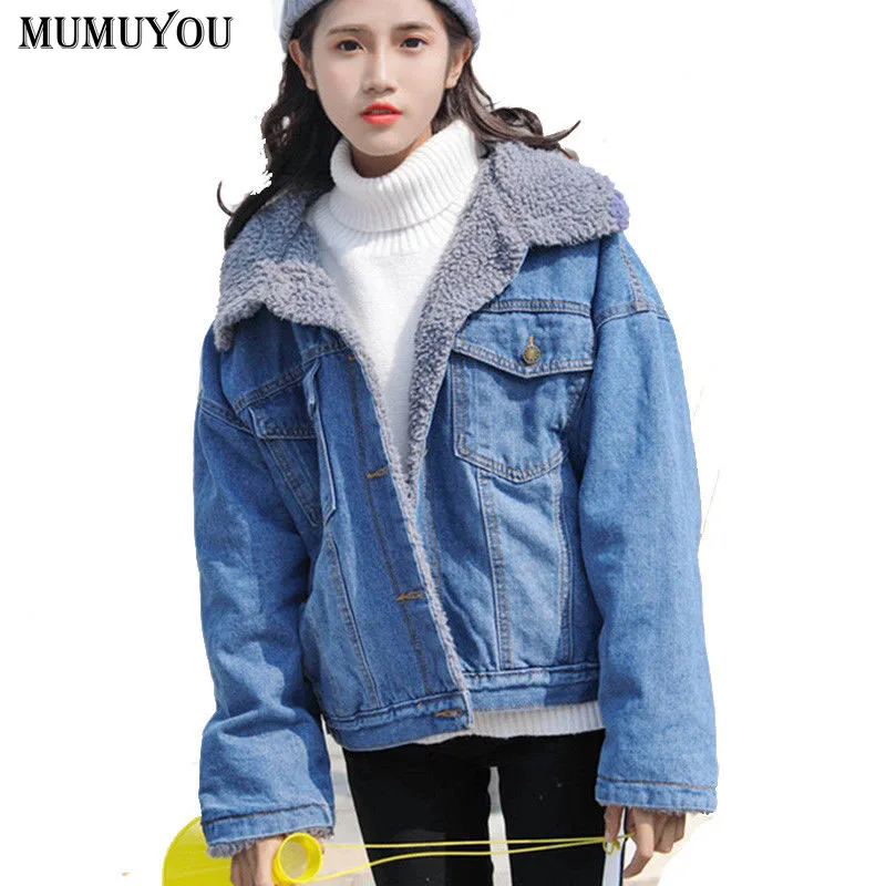 

Women Cotton Denim Coats Long Sleeve Single Breasted Jackets Turn-down Collar Fleece Outwear Autumn Winter Streetwear 223-476