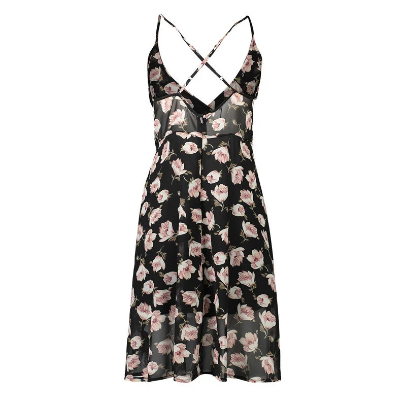 

Sexy Beach Dress Women Summer Dress Backless Print Sleeveless Spaghetti Strap Women Dress Chiffon Mid-Calf Party Dresses
