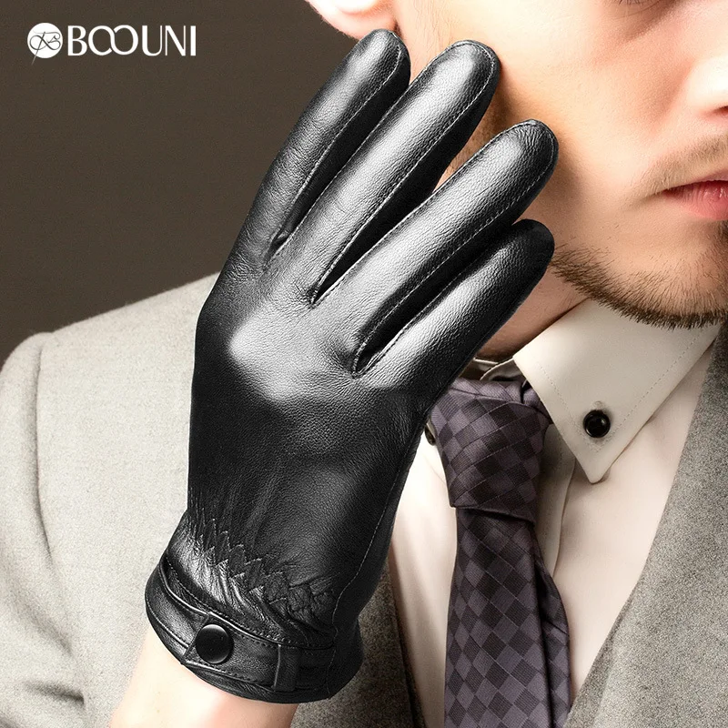 

BOOUNI Genuine Leather Gloves Fashion Men Sheepskin Gloves Winter Plus Velvet Finger Motorcycle Driving Glove NEW NM746