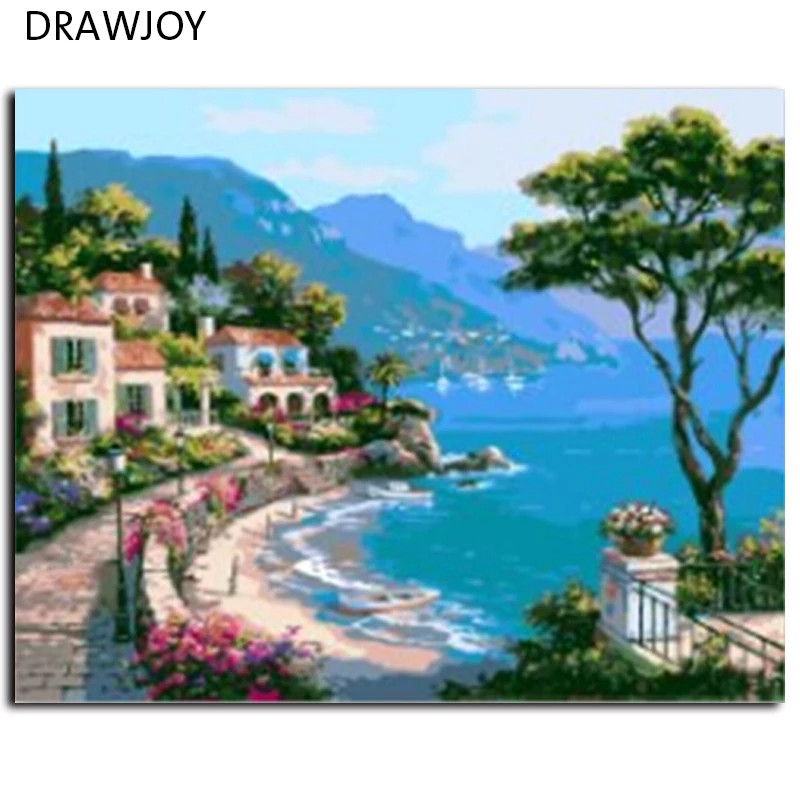 DRAWJOY картина в рамке картина по номерам домашний декор DIY Холст Картина маслом Средиземноморский Пейзаж морской узор 40x50 см