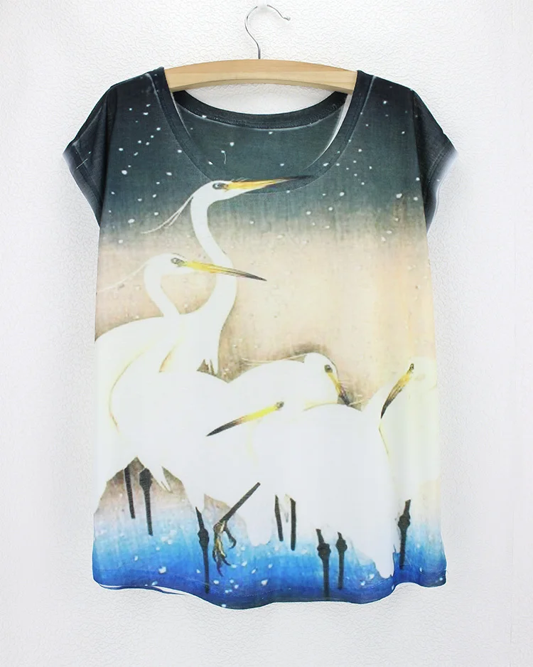 Футболка женская в стиле Харадзюку топ с принтом журавля звездного неба воды