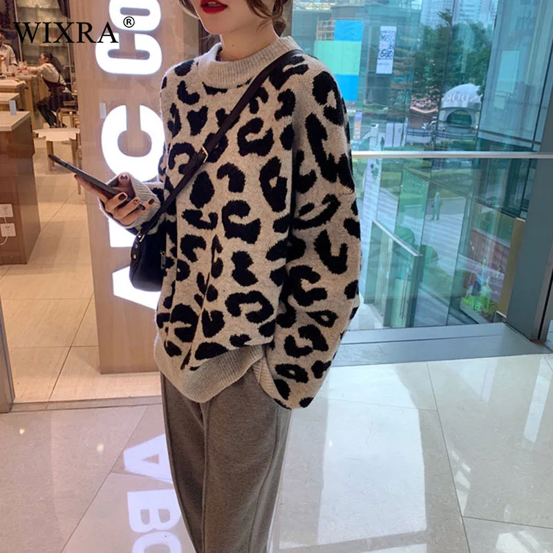 Wixra Stylish Leopard Print Sweaters Autumn Winter Spring Female O Neck Ladies Knitted Pullovers Womens Clothing 2019 Hot | Женская