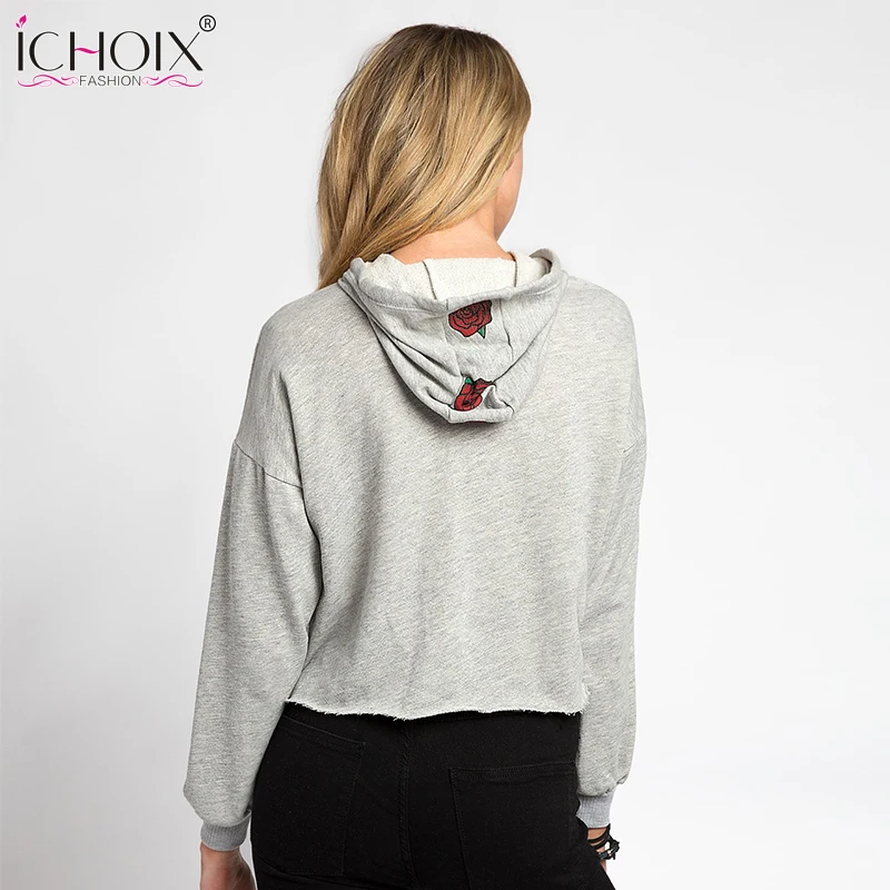 2017 осень-зима Для женщин короткие пуловер с капюшоном Толстовка Дамы принтом роз