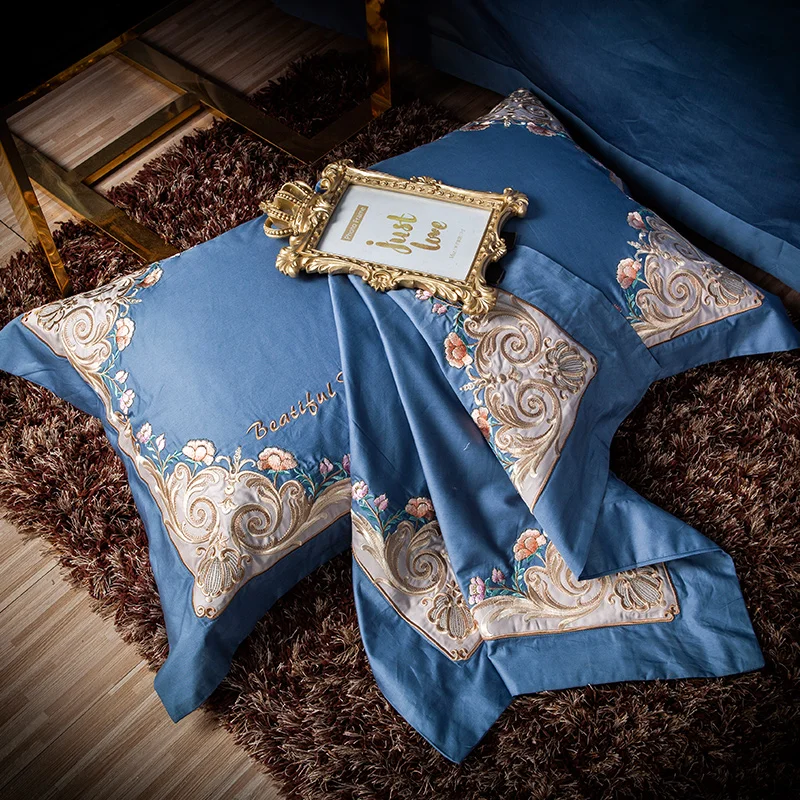 Американский классический синий вышитый роскошный костюм для кровати