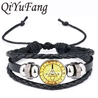 qiyufang cartoon leather bracelet bill cipher wheel jewelry black weave multilayers charm bracelets for women men