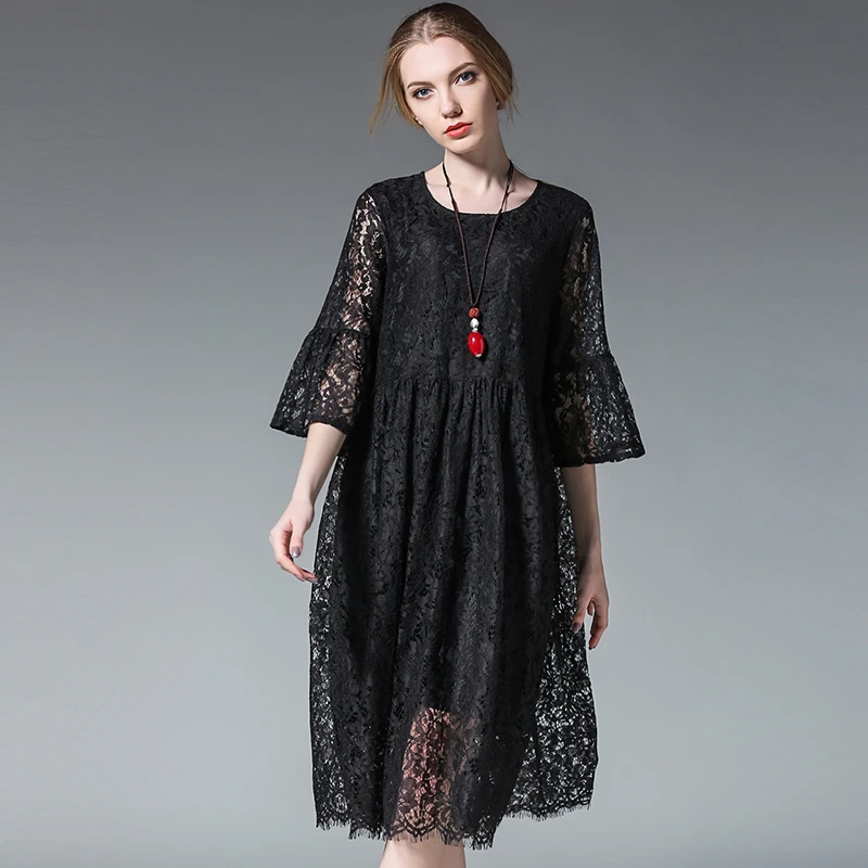 Женское летнее платье свободного покроя элегантное кружевное в стиле фонарик