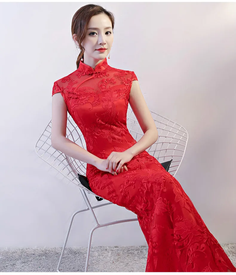 Chinese Wedding Dress for Women Lace Fishtail Red Bride Dress Long Cheongsam for Evening Party Lady Vintga Chinese Qipao