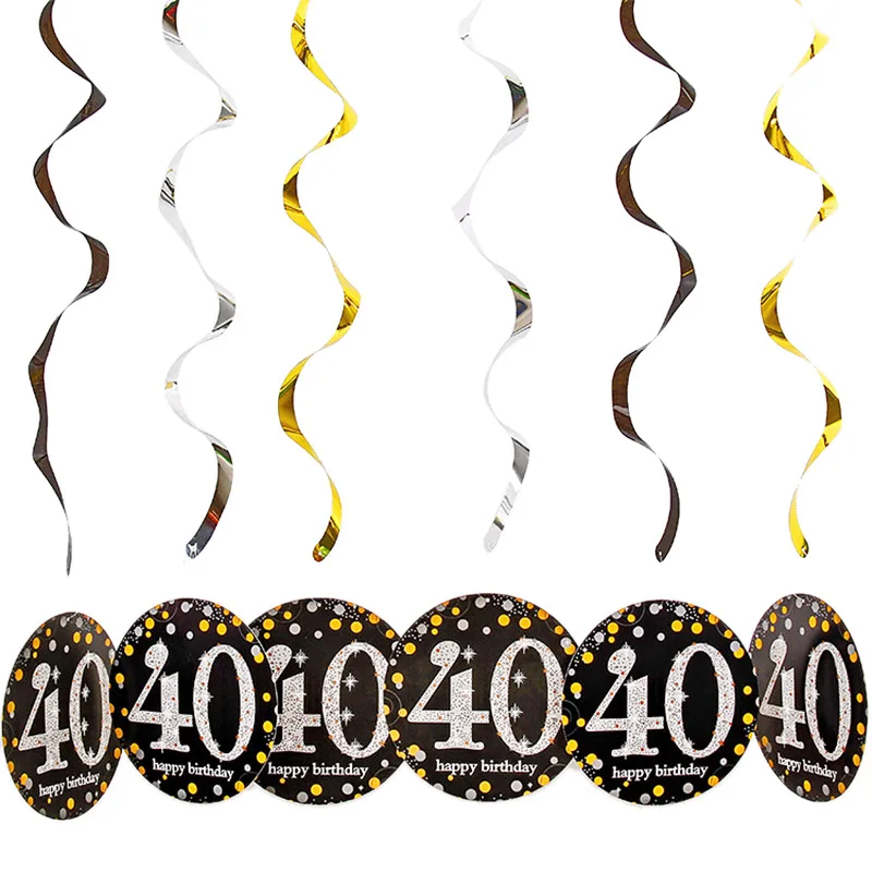 d2 40th Spiral decor 18/21/31/40/50th черный золотой счастливый посуда для вечеринки в честь Дня Рождения наборы скатерть чашки тарелки салфетки Свадебные принадлежности для юбилейной вечеринки - Цвет: d2 40th Spiral decor