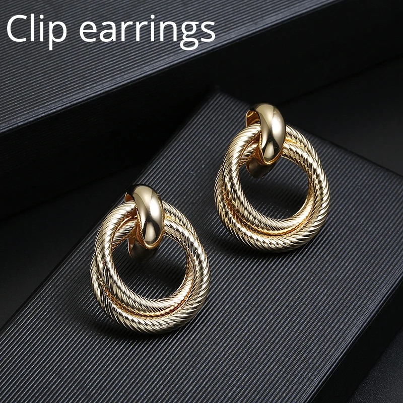 

New ZA Clip On Earrings No Pierced for Women Vintage Gold Statement Geometry Round Ear Clips Jewelry brinco feminino Party Gift