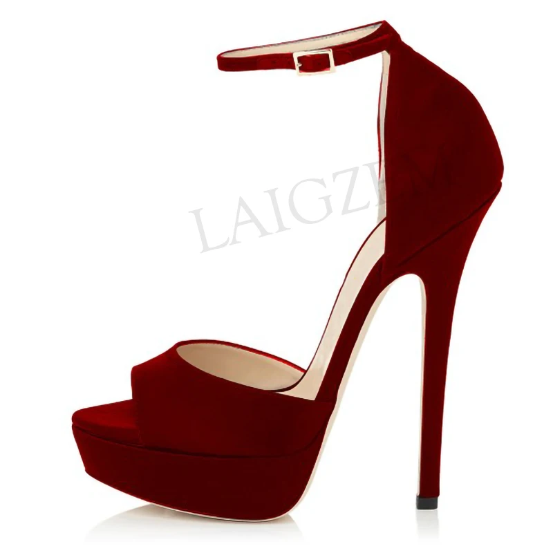 LGZ542 Burgundy LAIGZEM/пикантные женские босоножки вечерние летние босоножки с ремешком на щиколотке на шпильке и платформе женская обувь; большие размеры 34-52 - Цвет: LGZ542 Burgundy