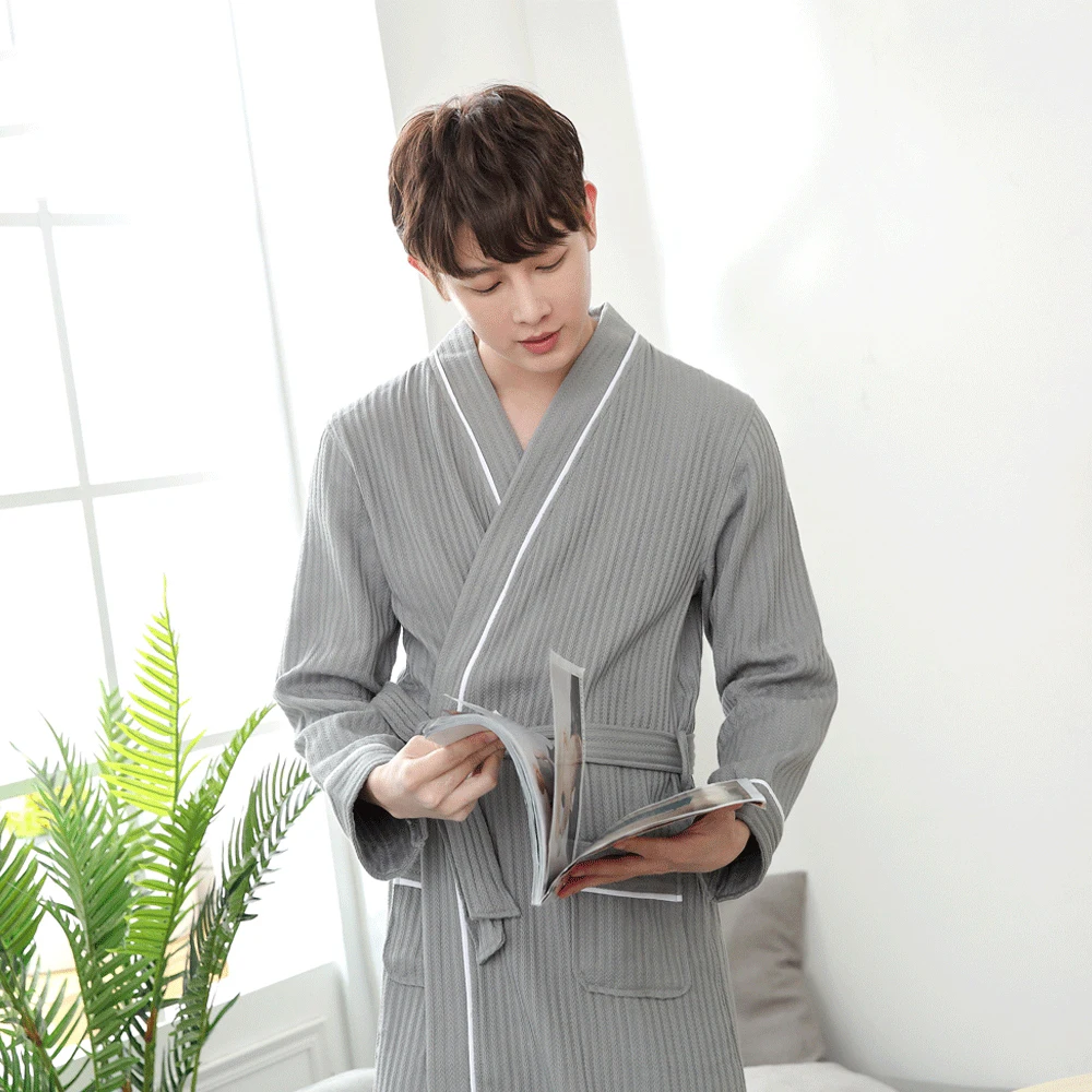 

Kimono Bathrobe Men Plus Size XXL Waffle Bathrobe Mens Dressing Gown Male Lounge Robes Grey Summer Autumn