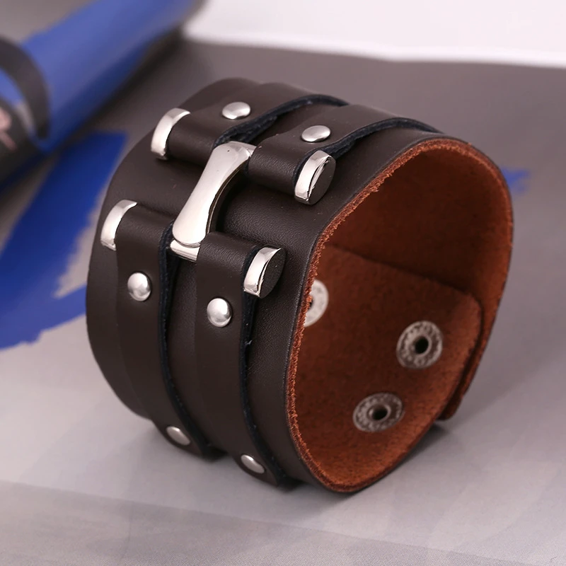Мужской кожаный браслет H Charm коричневый/черный Повседневный широкий в