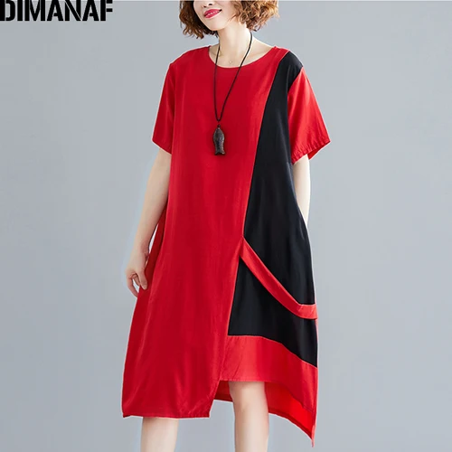 Jing95162CN-hong DIMANAF размера плюс, женское летнее базовое платье, лоскутное, для женщин, для девушек, Vestidos, модный Свободный сарафан, хлопок, большой размер, платье, одежда - Цвет: Jing95162CN-hong