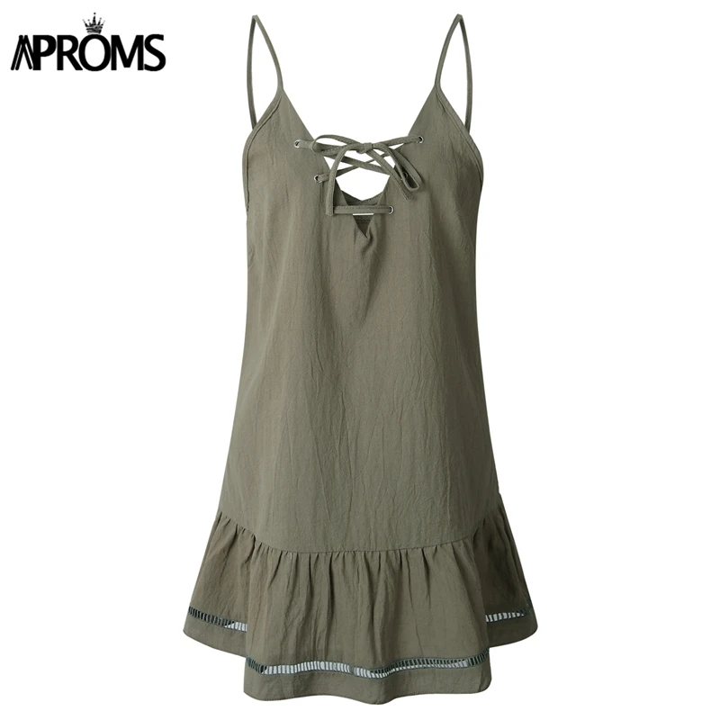 Женское Хлопковое платье с рюшами и v-образным вырезом на шнуровке летнее