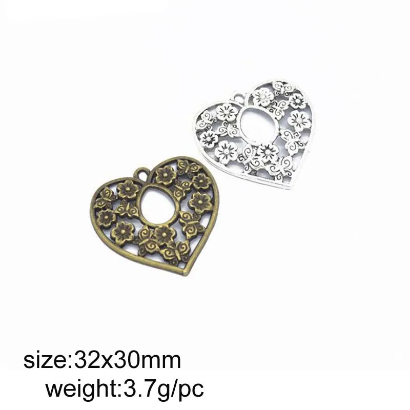 

30pcs 32x30mm Antique Silver / Antique Bronze Flower In Heart Charms Pendants
