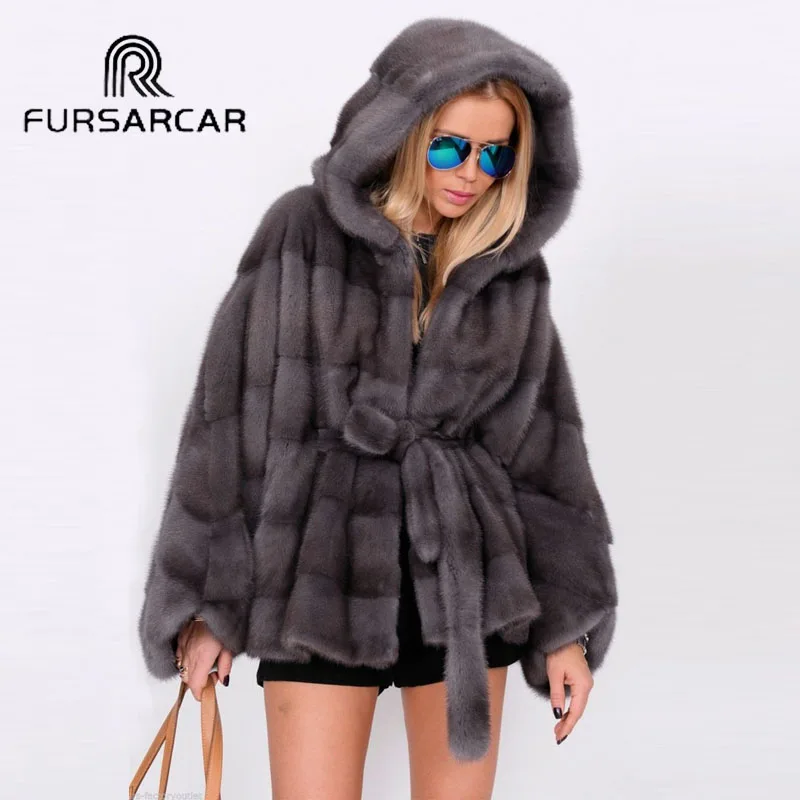 Роскошные новые шубы FURSARCAR из натуральной норки женские зимние в стиле с рукавом