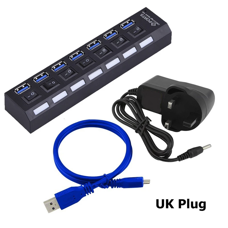 Black and UK Adapter USB HUB 3,0 Супер скорость 5 Гбит/с 7 портов USB 3,0 usb-хаб с переключателем включения/выключения Platooninsert для компьютера ноутбука периферийные устройства - Цвет: Black and UK Adapter